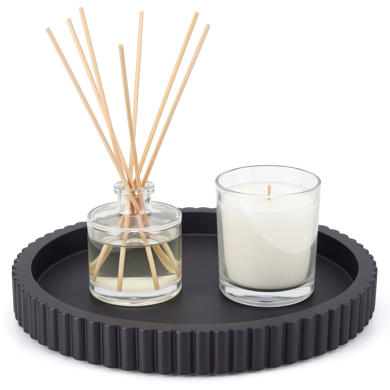 Yalikop Vassoio decorativo rotondo in cemento per la decorazione del tavolino da caffè 30,5 cm nero centrotavola decorativo ottomano vassoio per servire decorazione domestica Accent Bandejas