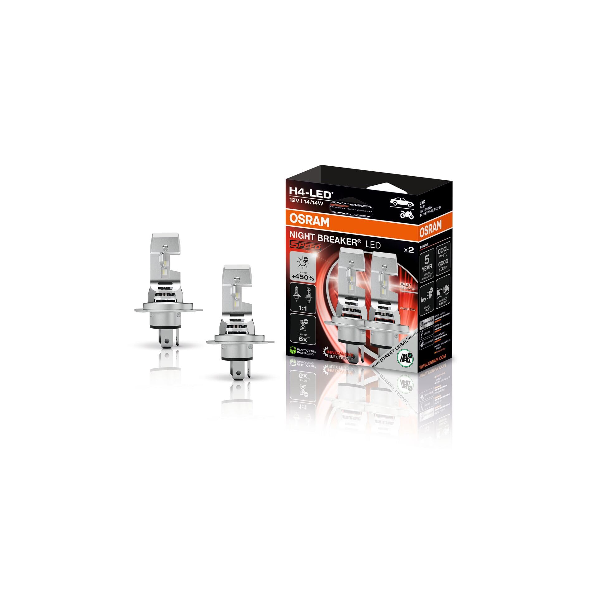 OSRAM NIGHT BREAKER LED SPEED H4 450, LED-Fern- und Abblendlicht mit Straßenzulassung, bis zu 450% mehr Helligkeit, 6000K,schnelle Installation, kein mechanisches Zubehör notwendig, LEDEC02 integriert