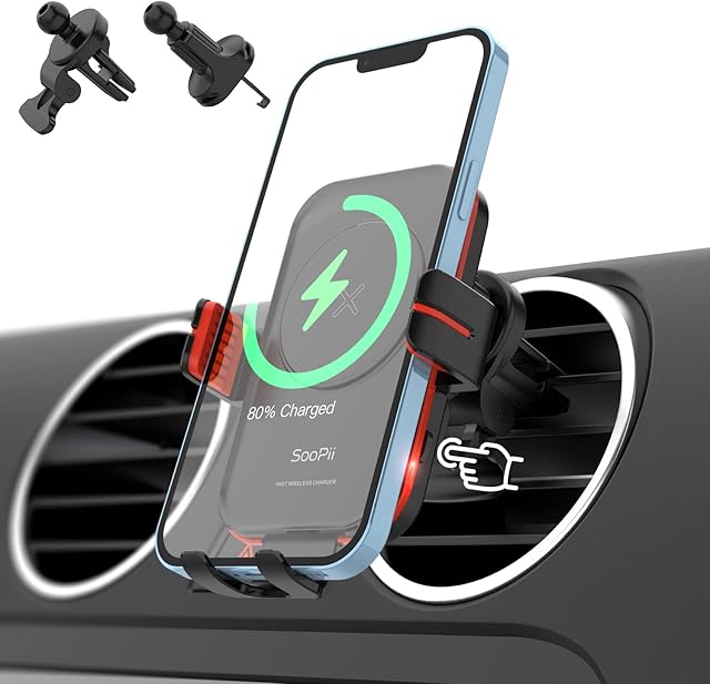 SooPii Wireless Car Charger Mount, 15W Qi Fast Charging, Auto-Clamping,2 styles Air Vent Phone Holder Included, Compatible with lPhone 13/12/11,Samsung S21/S20,and other Qi-Enabled Mobile Phones(Red)