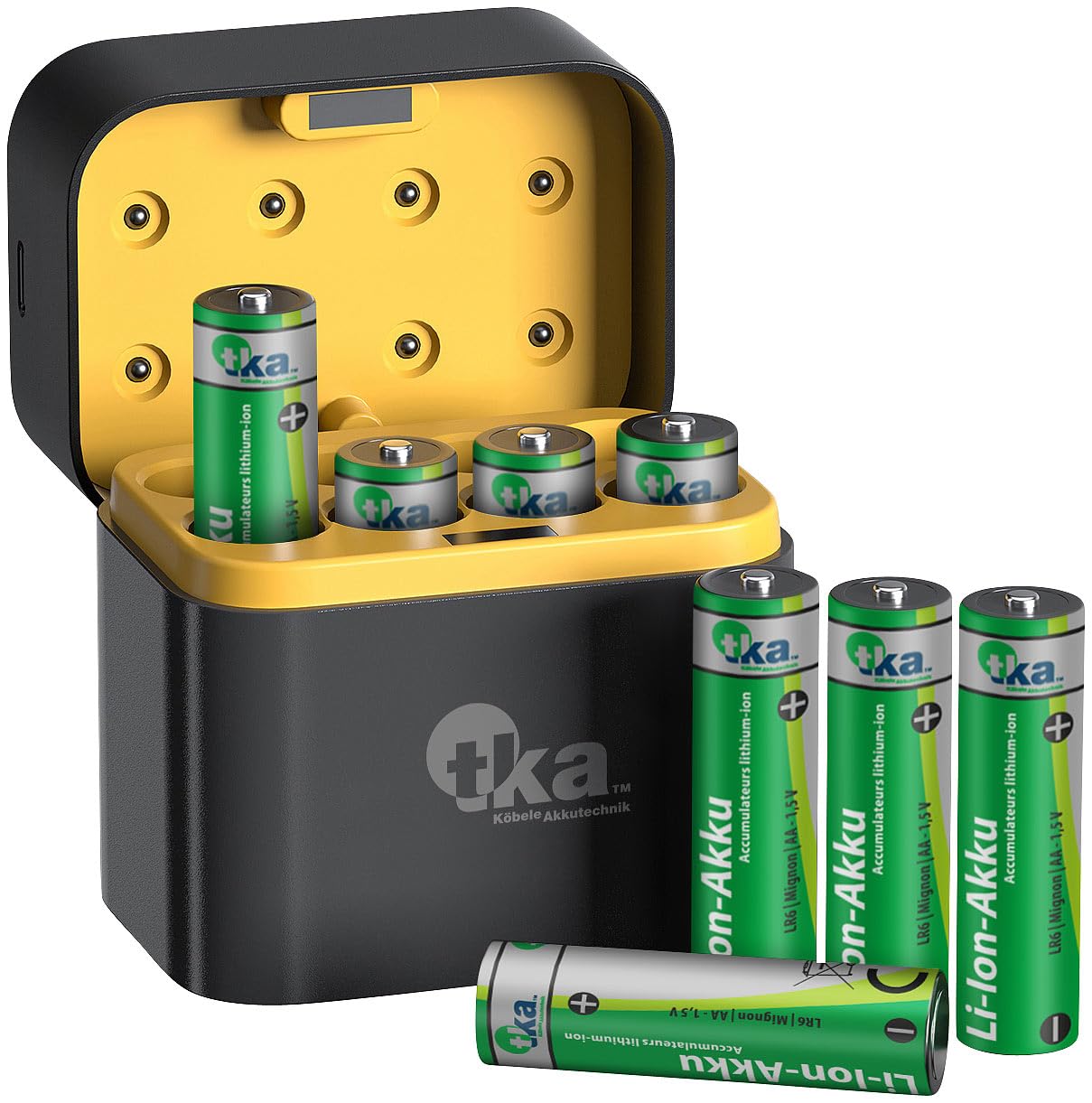 tka Köbele Akkutechnik Akku Ladegerät: 16er-Set Li-Ion-Akkus Typ AA, 2 USB-C-Ladeboxen, 3.000mWh, Ladeanzeige (AA mit Ladegerät, Ladestation, AAA)