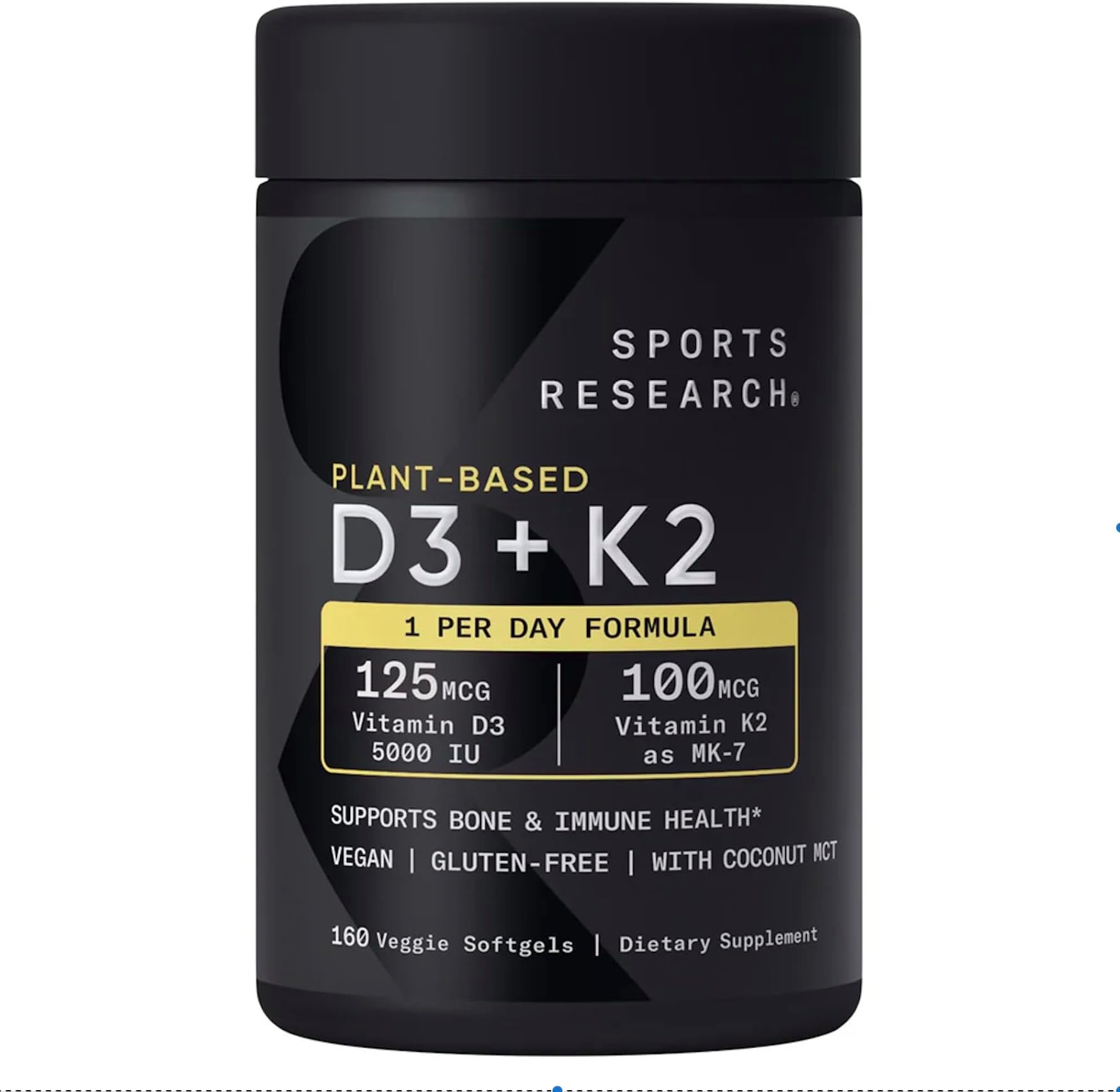 160 Vegan Certified, Non GMO Liquid Softgels rozzunSports Research Vitamin D3 + K2 with Coconut MCT Oil - Vegan D3 5000iu (125mcg) Plant Based