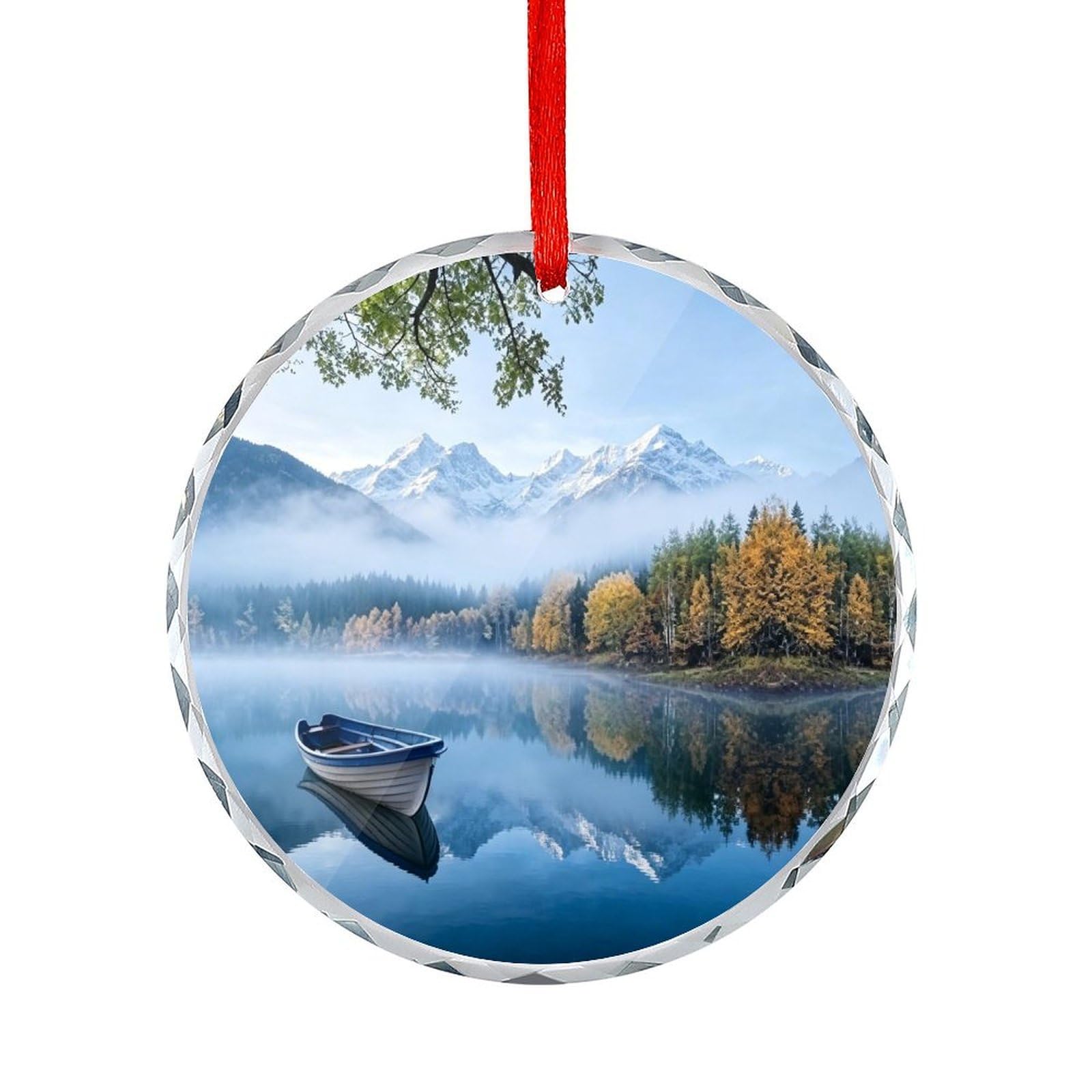 Btcowzrv Style Lake Mountain Landscape Round Ornament Hanging Pendant Decor