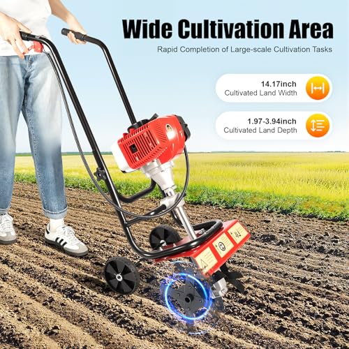 Gas Powered Tiller Cultivator, 52CC 2-Stroke Gasoline Engine Hand-Pushed Soil Micro-Tiller, 17 Inch Tilling Width Garden Farm Mini Gasoline Rototiller for Plowing, Ditching, Field Soil Cultivation