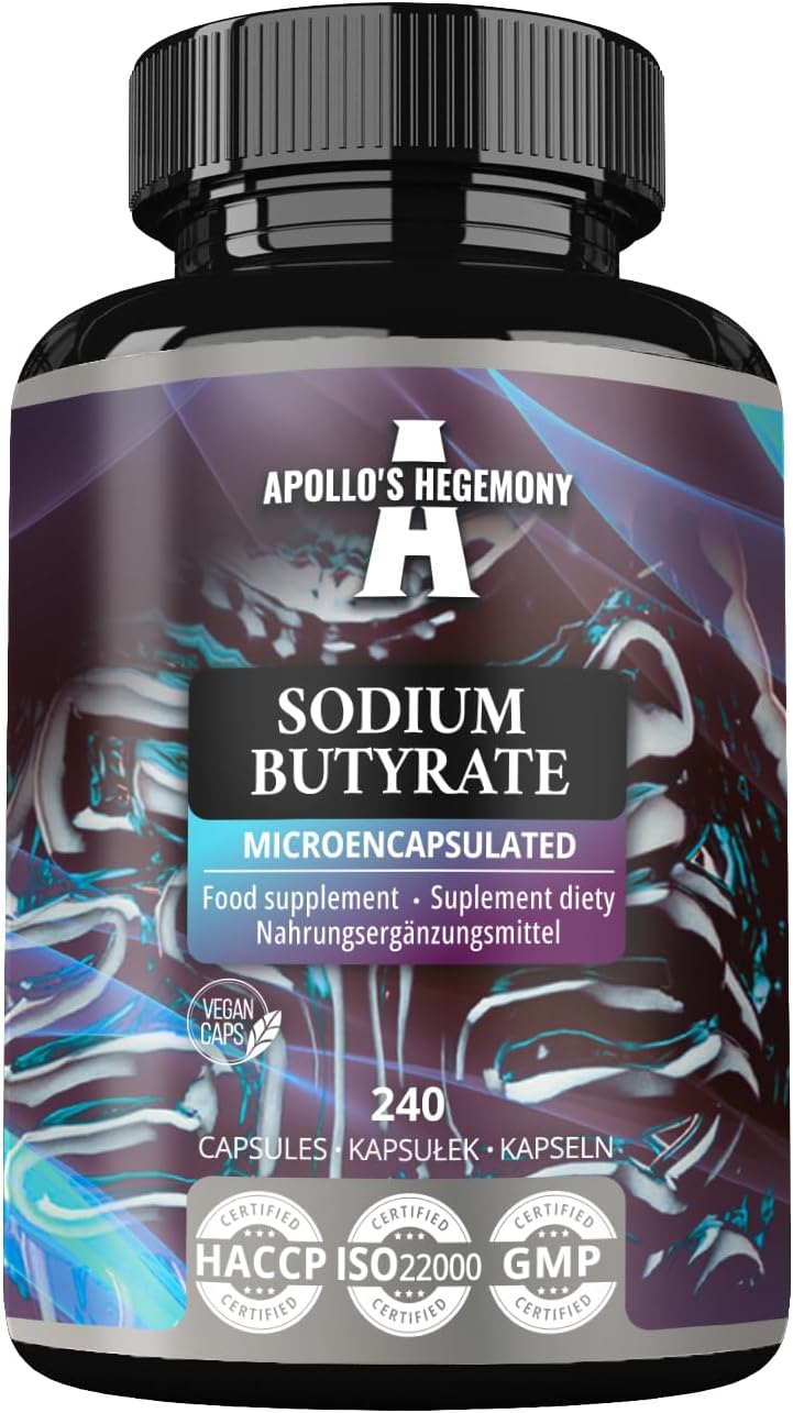 Natrium Butyraat Hoge Dosis 580 mg (30% boterzuur), 240 veganistische capsules, 8 maanden levering, natriumsupplement ter ondersteuning van de algehele darmgezondheid – door Apollo’s Hegemonie