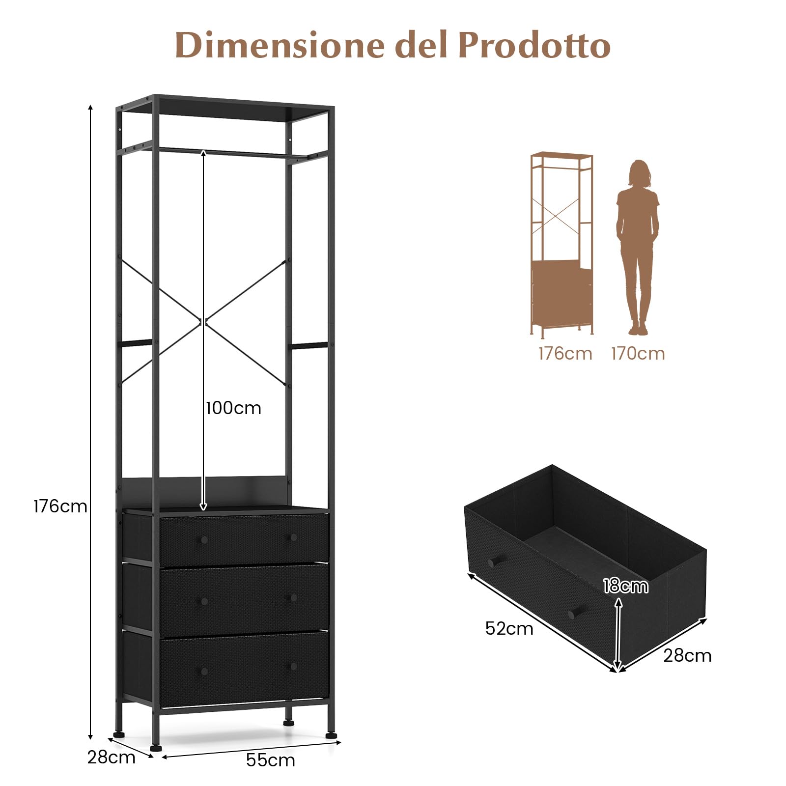 COSTWAY Appendiabiti con Cassetti in Tessuto, Armadio Autoportante con Asta Appendiabiti a 3 Posizioni e Ripiani di Stoccaggio, Ideale per Ingresso Camera da Letto, 55x28x176 cm (Nero)