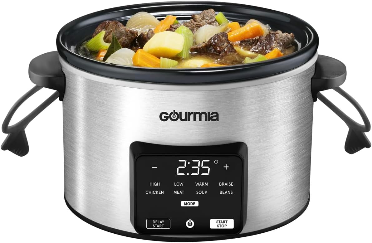 Gourmia Slow Cooker containing a stew, demonstrating its cooking capacity.