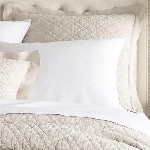 Funda de almohada acolchada natural de lino lavado, tamaño King, patrón sólido neutro