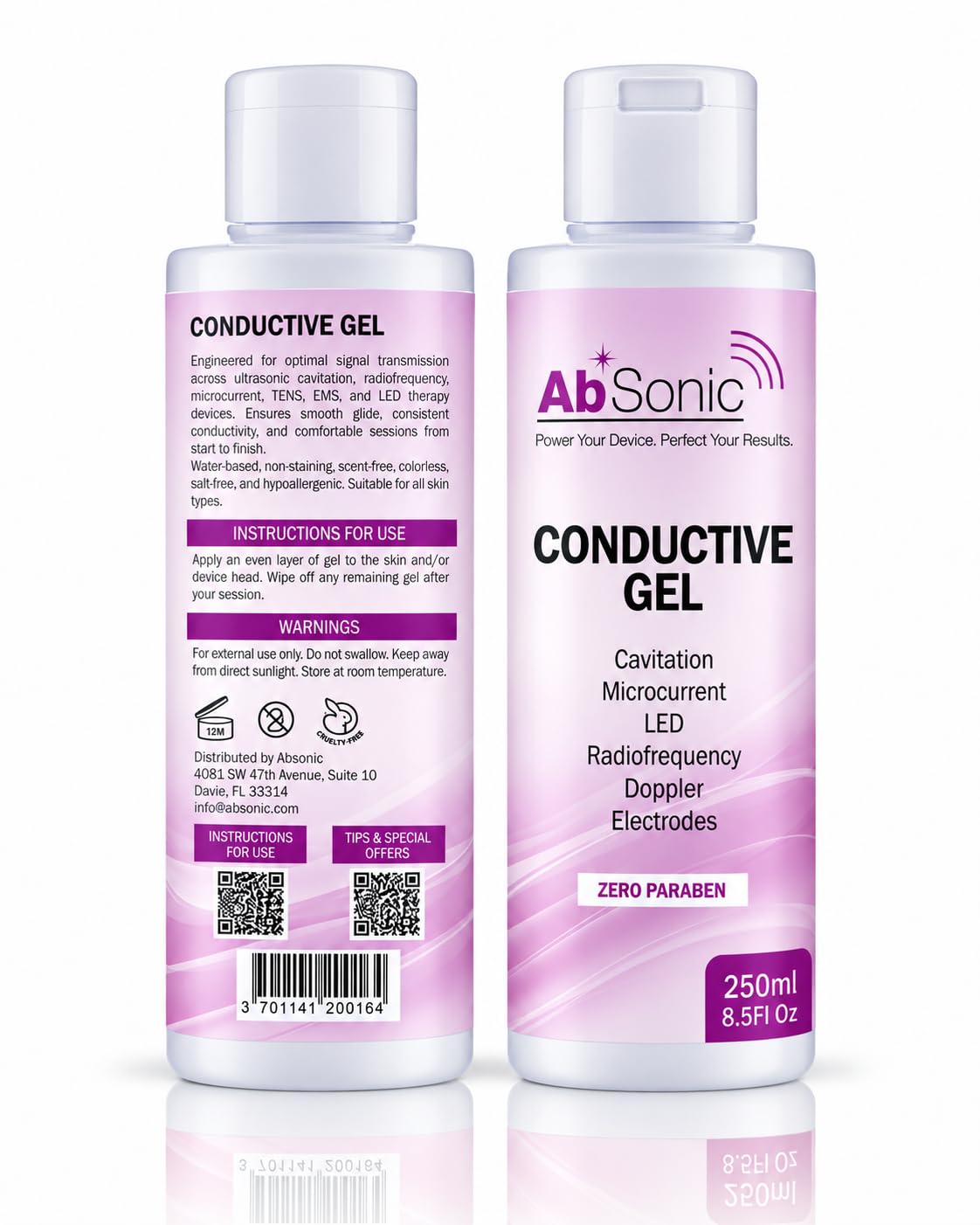 Absonic Conductive Gel for Ultrasound, Cavitation, Microcurrent, RF, TENS & EMS Devices – 2-Pack (17 oz Total) – Water-Based, Paraben-Free – Designed in France
