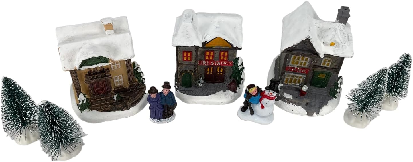 10 Piece Lighted Christmas Holiday Miniature Village with Shops Figurine Display Set 3 Inch