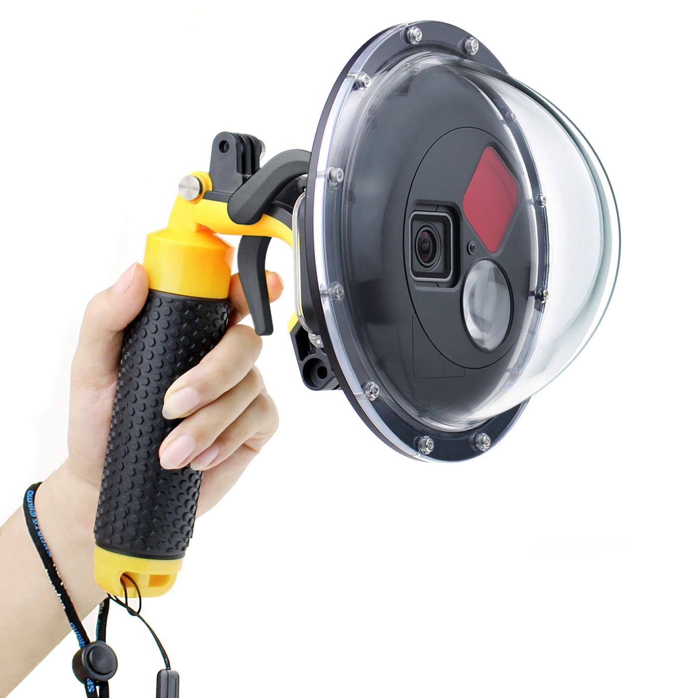 Dome Port Lens for GoPro Hero 5 6 7 Black Hero (2018), Dome Port with Waterproof Housing Case, Trigger, Floating Hand Grip, Built-in Switchable Red Filter and 10x Macro Filter