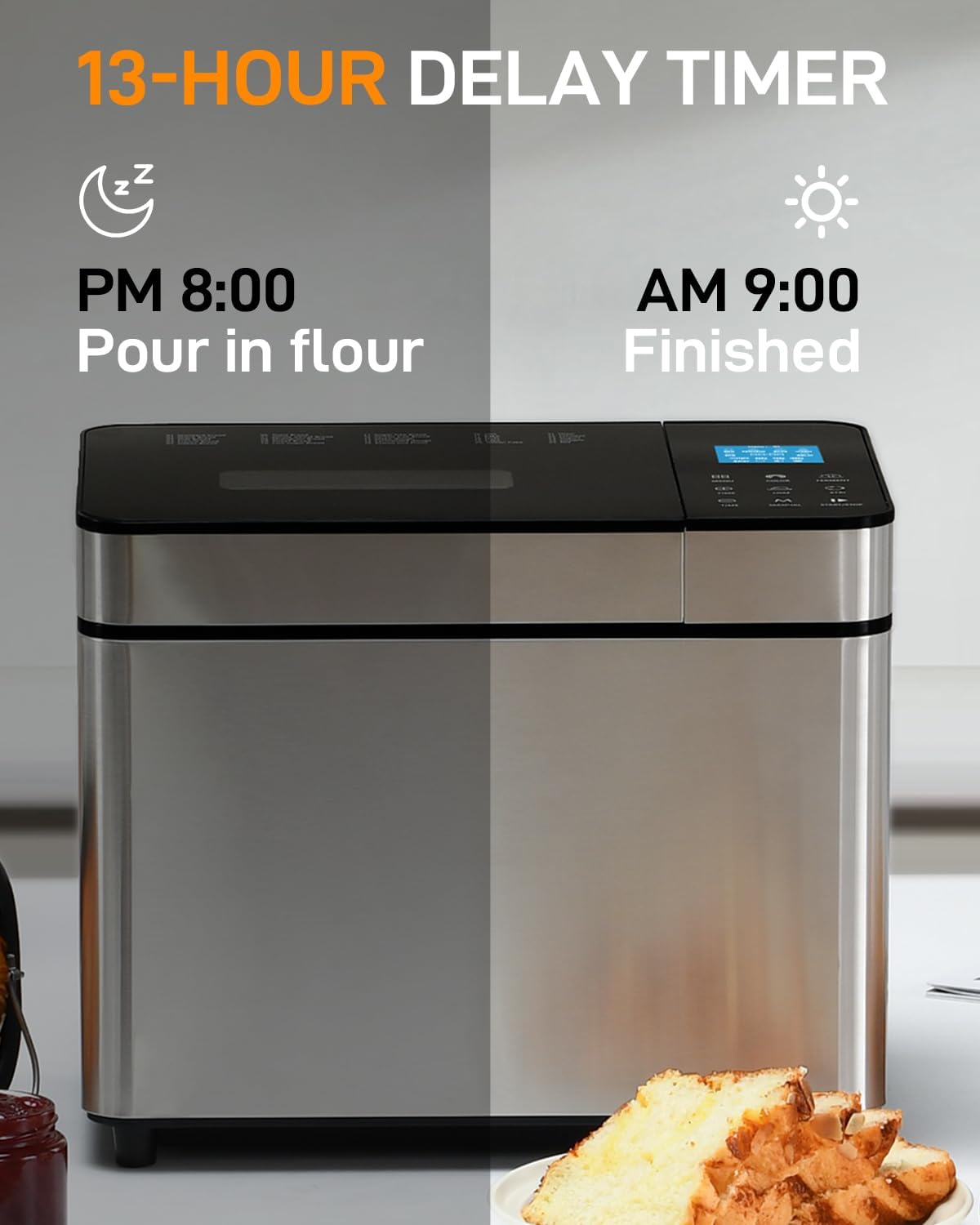 MERIOR Bread Maker demonstrating the 13-hour delay timer function, showing ingredients added at 8 PM and bread finished by 9 AM.