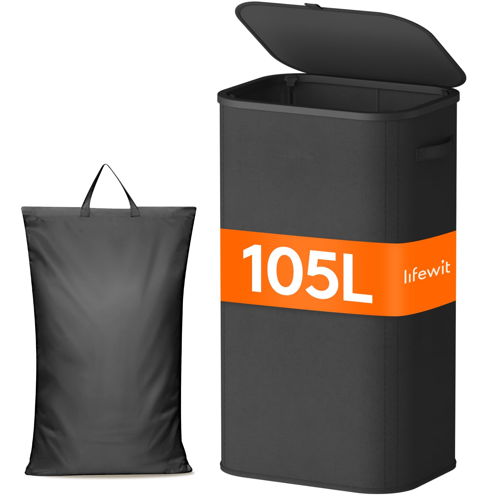 Lifewit 105L Wäschekorb mit Deckel, faltbarer Wäschesammler, Schwarz | Große Wäschebox mit entnehmbarem Wäschesack und Tragegriffen, Schmutzwäschebehälter für Schlafzimmer, Bad und Waschküche