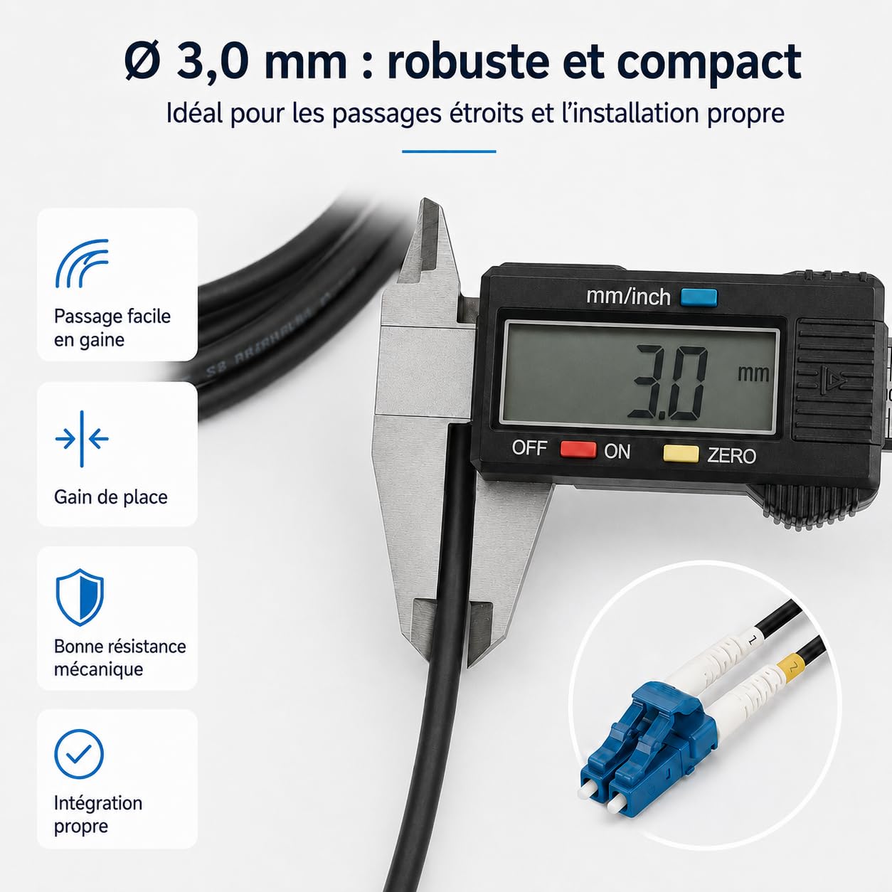 Câble Fibre Optique Armé 70m Blindé en Acier pour Intérieur et Extérieur, LC/UPC vers LC/UPC, OS2 Duplex Monomode 9/125 µm, G.657.A2, LSZH RoHS, Faible Perte, Noir
