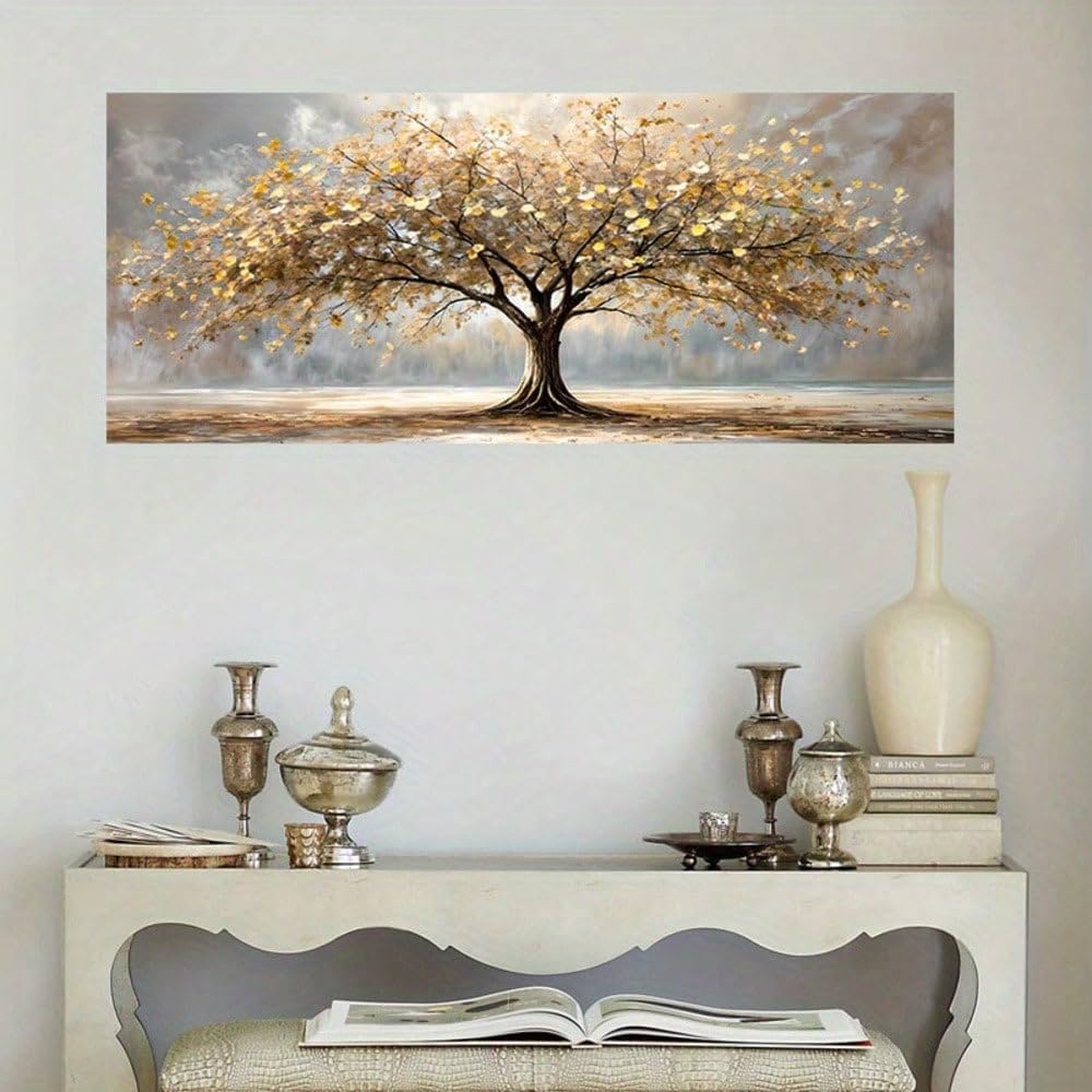 PEWFBS Grande formato dorato albero della vita foglia d'oro dipinto arte paesaggio naturale poster pittura quadri da parete soggiorno (75x150 cm/senza cornice)