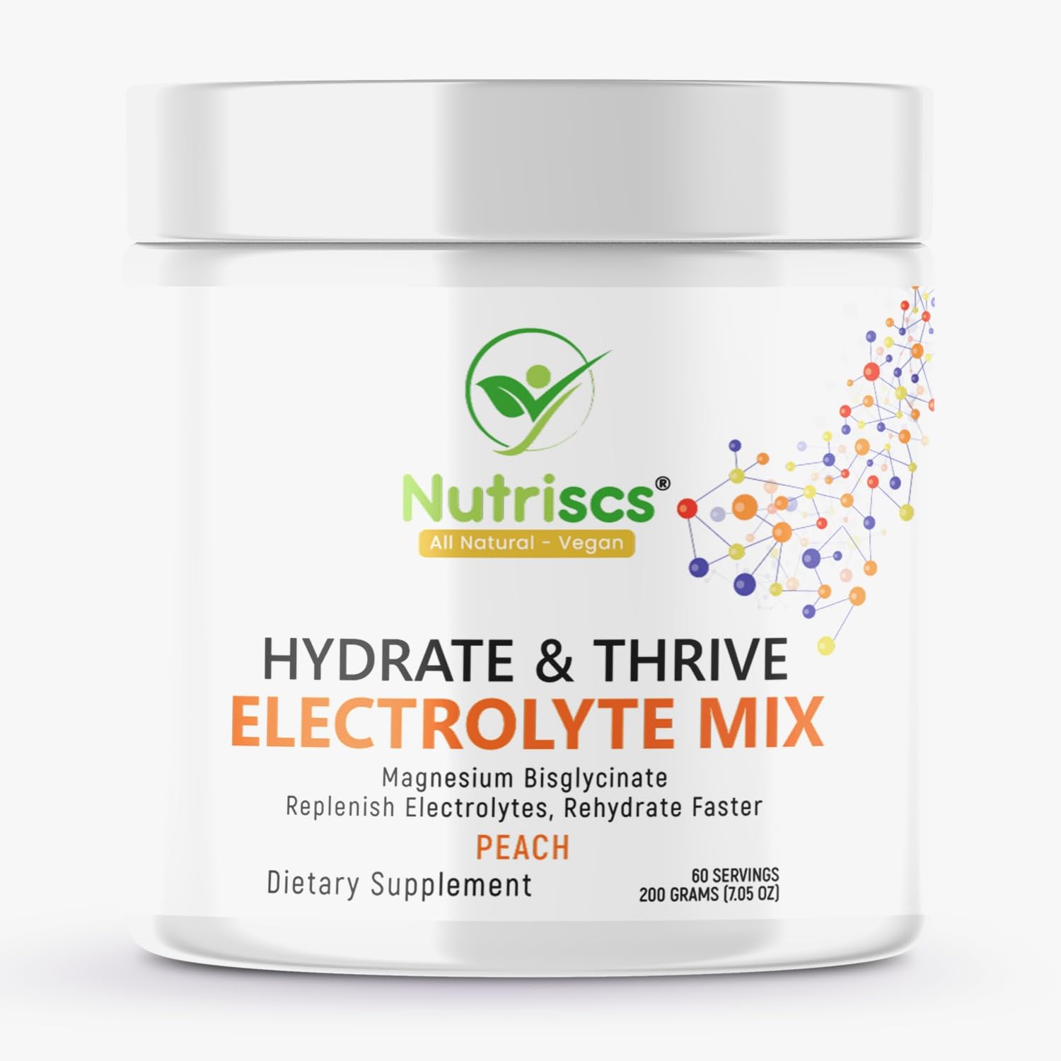 High Strength Electrolyte Powder Mix 200g, 60 Servings - Instant Electrolytes for Fast Rehydration, Hydration & Energy Boost - Peach Flavor Dietary Supplements for Replenishing Electrolytes & Thriving