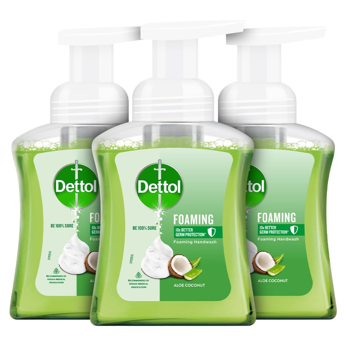 Dettol Foaming Handwash Pump – Aloe Coconut (Pack of 3-250ml each) | Rich Foam | Moisturizing Hand Wash | Soft on Hands