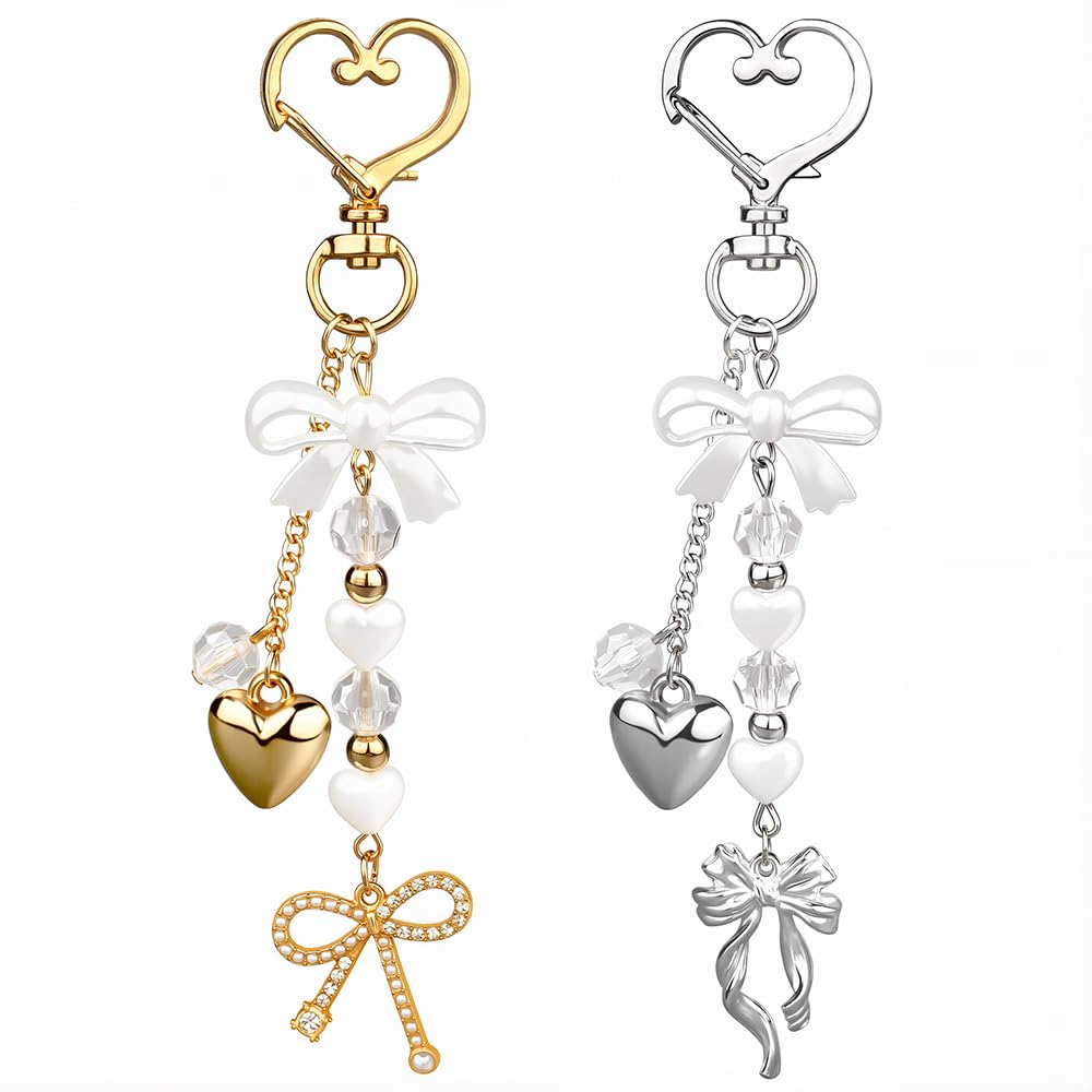 2pcs Bow Heart Beaded Keychain Accessories Cute Keychains for Women Kawaii Bowknot Pearl Bag Charms for Handbags Silver Gold Bows Hearts Key Chain for Car Keys Aesthetic Heart Key Ring Backpack Charms