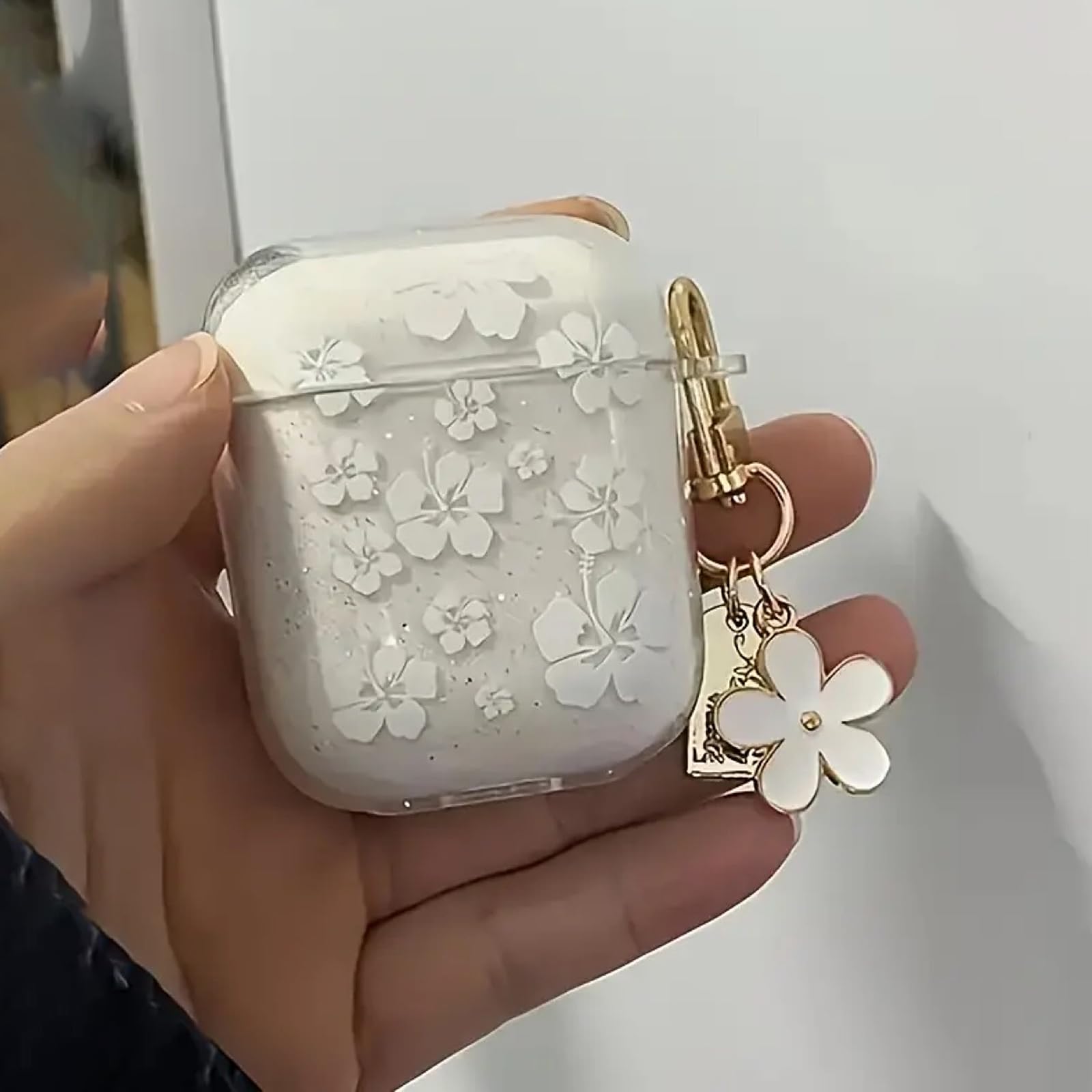 Compatible with AirPods 1&2 Protective Case Shiny White Flower,White Earphone Cover, Soft Minimalist Floral Earphone Case