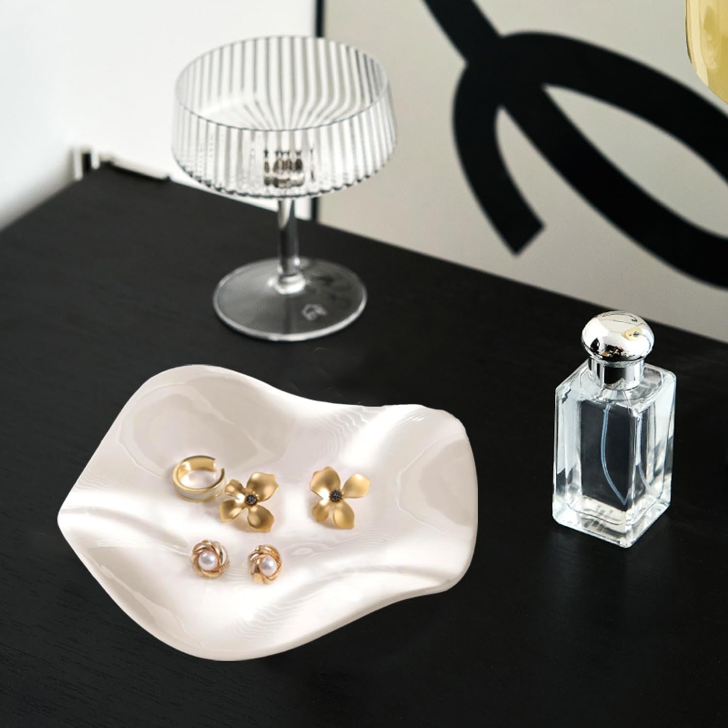 Cerámica Bandejas Decorativas, Bandeja Joyas de Cerámica Vaciabolsillos Recibidor,Bandeja Decorativa Llaves Centro De Mesa Joyero de cerámica plato para joyas con forma de hoja (blanco)