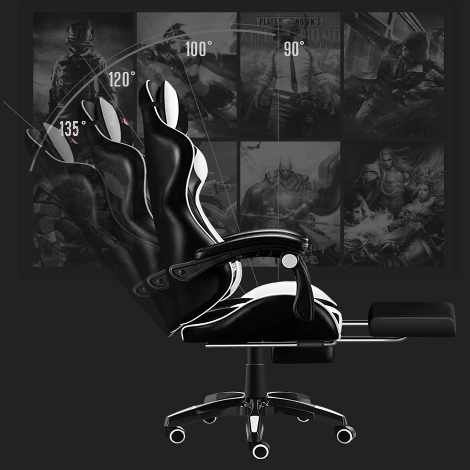 Sedia da Gaming Ergonomica Reclinabile fino a 135° con Poggiapiedi Cuscino Supporto Lombare e Poggiatesta con Rotelle Rotazione a 360°, Pistone a Gas Poltrona da Ufficio Portata 125kg (Bianco)