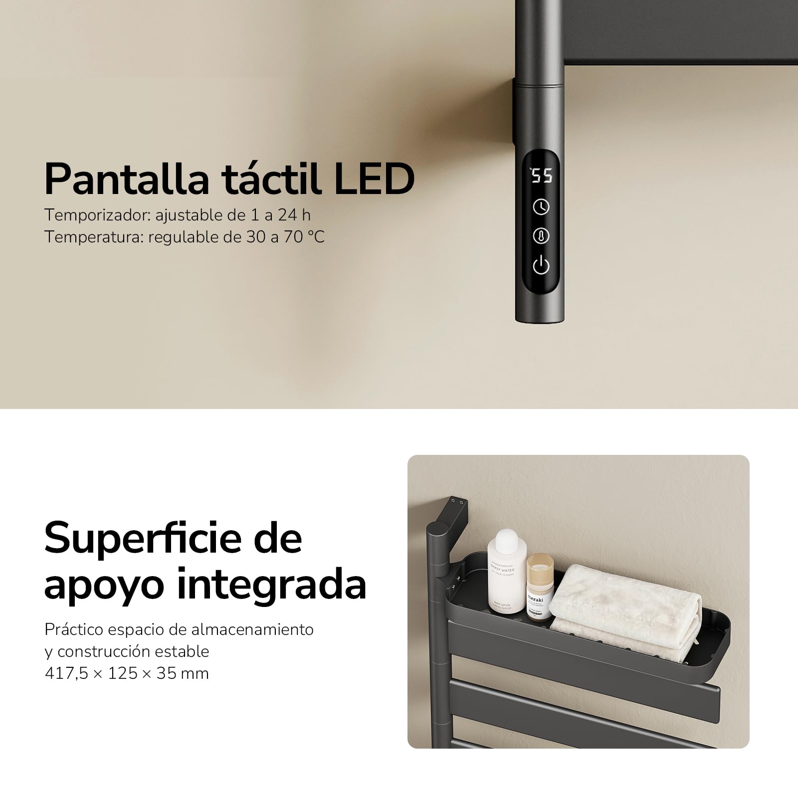 EMKE Toallero Eléctrico Giratorio WiFi, 77x45 cm, Estante,Antracita | Radiador Toallero de Pared con Estante, Fibra de Carbono, 6 Modos,Bajo Consumo,2 formas de instalación