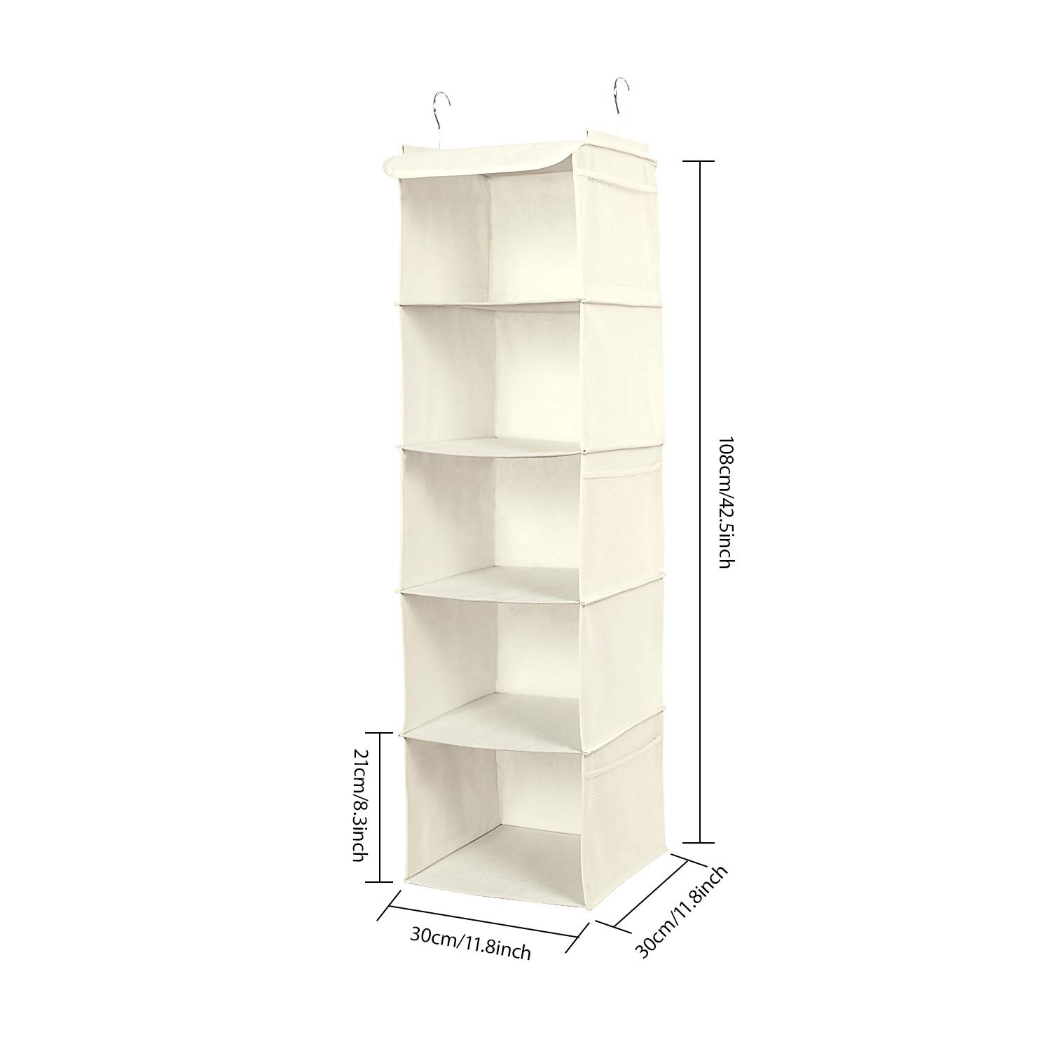 BrilliantJo Set di 2 Organizer Armadio, Portattuto da Appendere con 5 Scomparti con 6 Tasche Laterali a Rete per Vestiti, con 2 Ganci Organizzatore Armadio da 30 x 30 x 108 cm, Beige