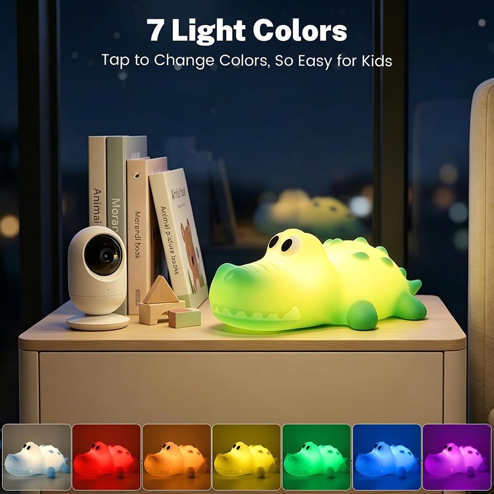 Luz Noche LED para Niños Luz Noche de Cocodrilo para Bebés 3000 K, Iluminación Cálida y Modo RGB Lámpara Infantil de Silicona Suave con Temporizador de 30 Minutos Aplique sin Conexión,Verde