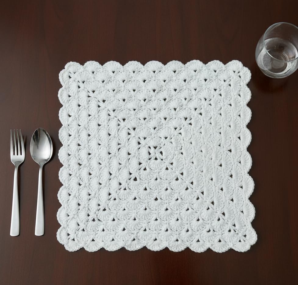 Woollen Crochet Handmade Table Mat Square (12inch) Vintage Doily Mat… (White)-image-5