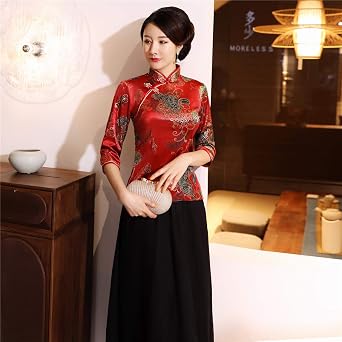 Shanghai Story Chinese Cheongsam Shirt 3/4 Sleeve Velvet Chinese Blouse for Women