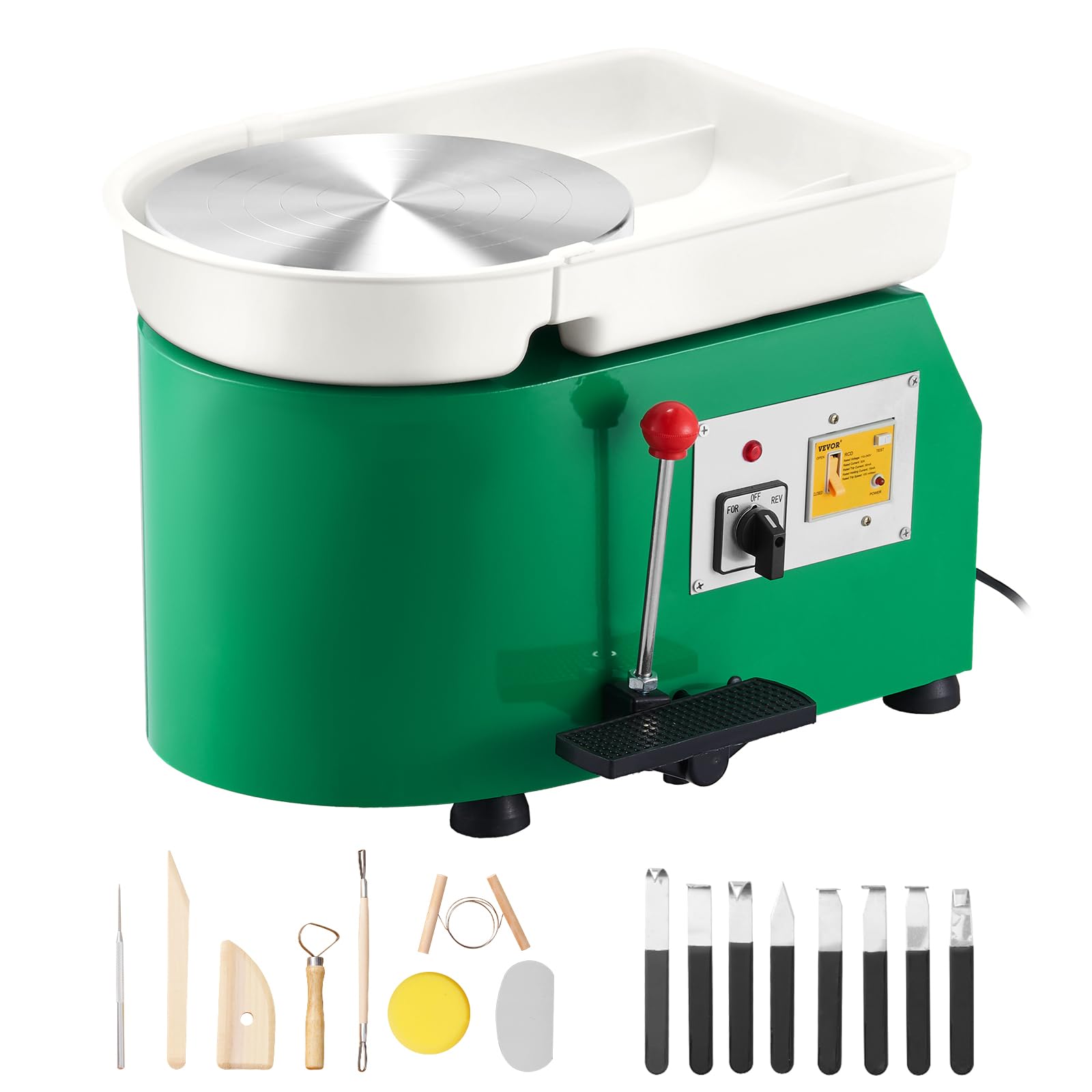 VEVOR 350W Pottery Wheel, 28cm Pottery Forming Machine, Electric Pottery Wheel with Adjustable Feet Lever Pedal, DIY Clay Tool with Tray for Ceramic Work Clay Art DIY Clay Green, 18 Pieces