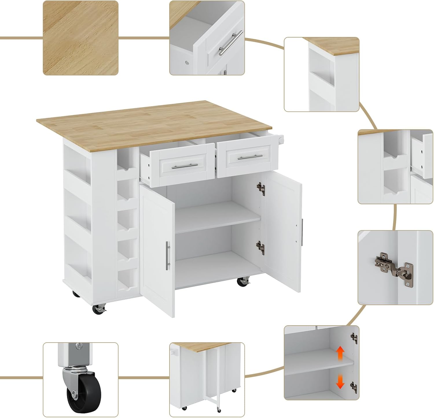 Kitchen Island on Wheels with Storage Rolling White Kitchen Island Cart with Storage Cabinet 2 Drawers, Foldable Rubberwood Table Top, Spice Rack, Towel Holder and Wine Rack