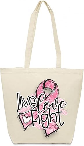 Live, Love, Fight Breast Cancer Awareness Reusable Grocery Bag - Canvas Tote Bag, 12 Ounce Heavy Natural Canvas bag 17 34" W x 15 34" H x 6 14" D