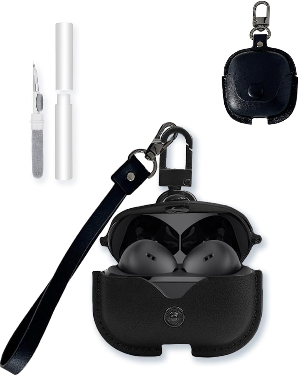 Case for Sennheiser ACCENTUM Open True Wireless Earbuds,Stylish Retro Soft Protective,BOVUGAC Premium PU Leather Case Cover with Cleaning Kit & Lanyard for Sennheiser ACCENTUM ONE Accessories-Black