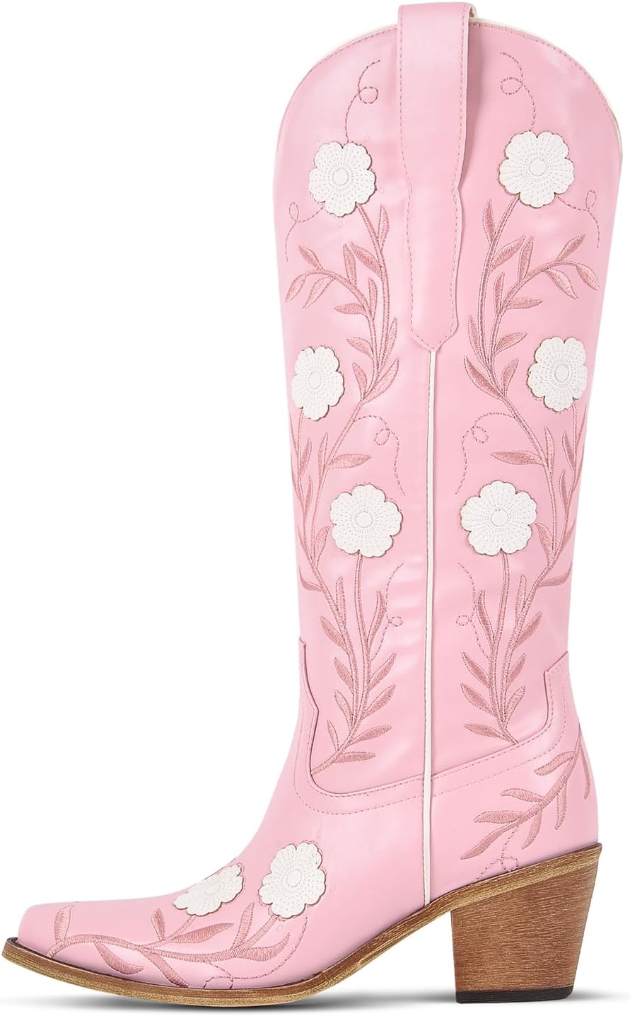 sexytag Women's Western Cowboy Wedding Boots Embroidered Floral Cowgirl Boots Wide Calf Pointed Toe Pull-On Mid-Calf Boot