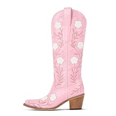 sexytag Womens Western Cowboy Wedding Boots Embroidered Floral Cowgirl Boots Wide Calf Pointed Toe Pull-On Mid-Calf Boot