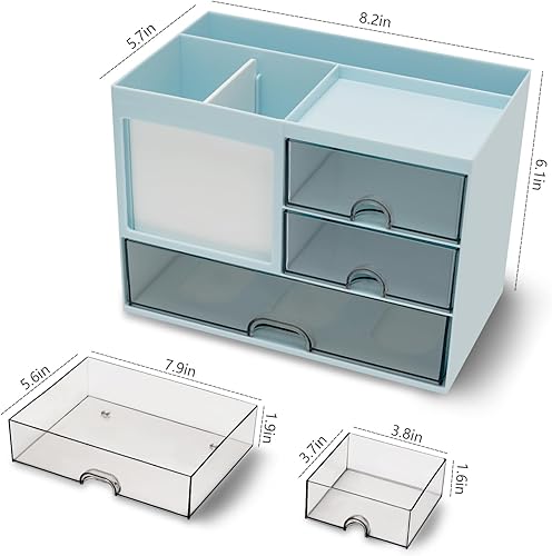 Miniatura 20 de Organizador de escritorio con 3 cajones, soporte multifuncional para lápices, organizador de escritorio y almacenamiento con 8 compartimentos, Blanco