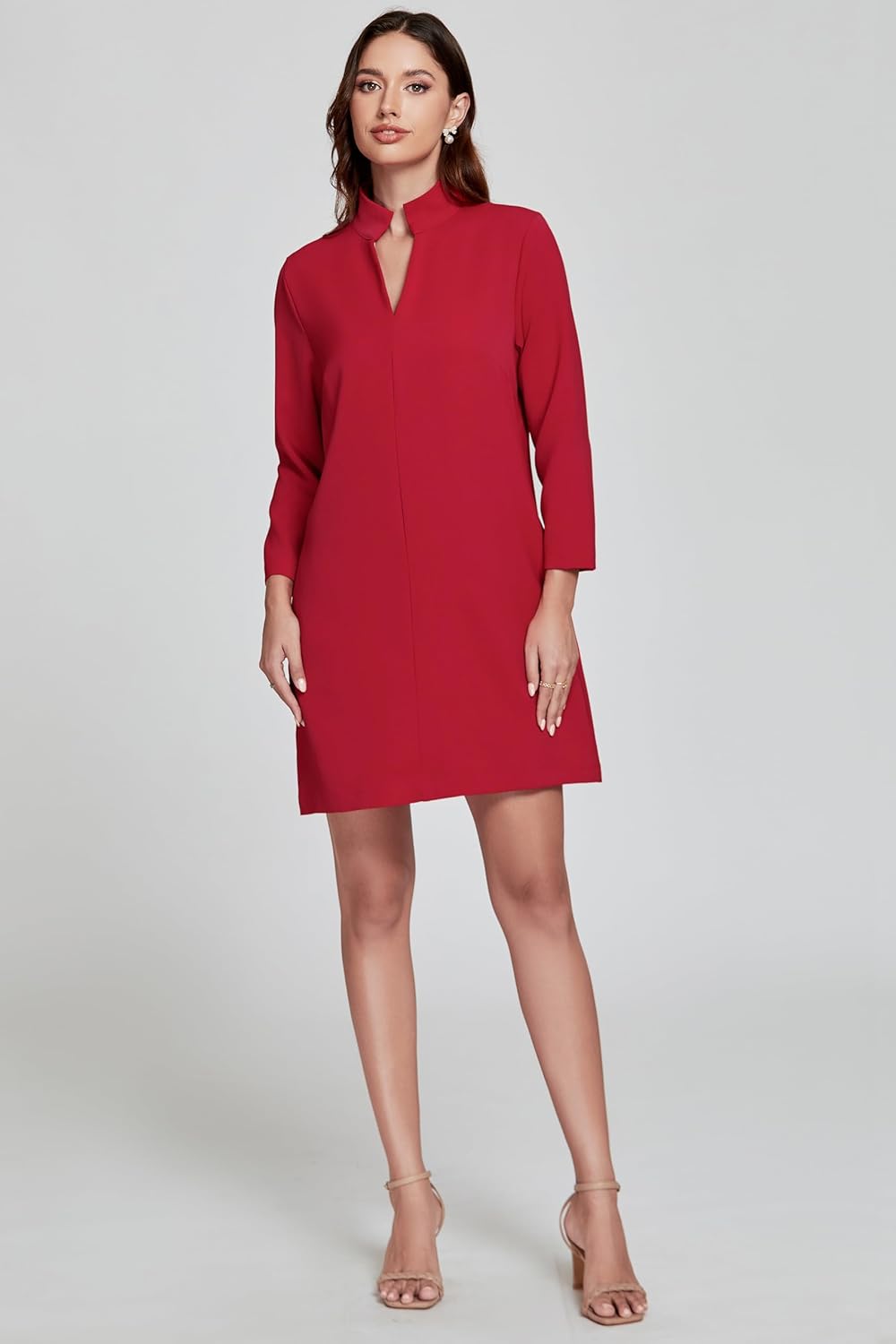 Womens Shift Dress V Neck 3/4 Sleeve Work Dress Retro Elegant Formal Mini Dresses with Pockets - Image 4