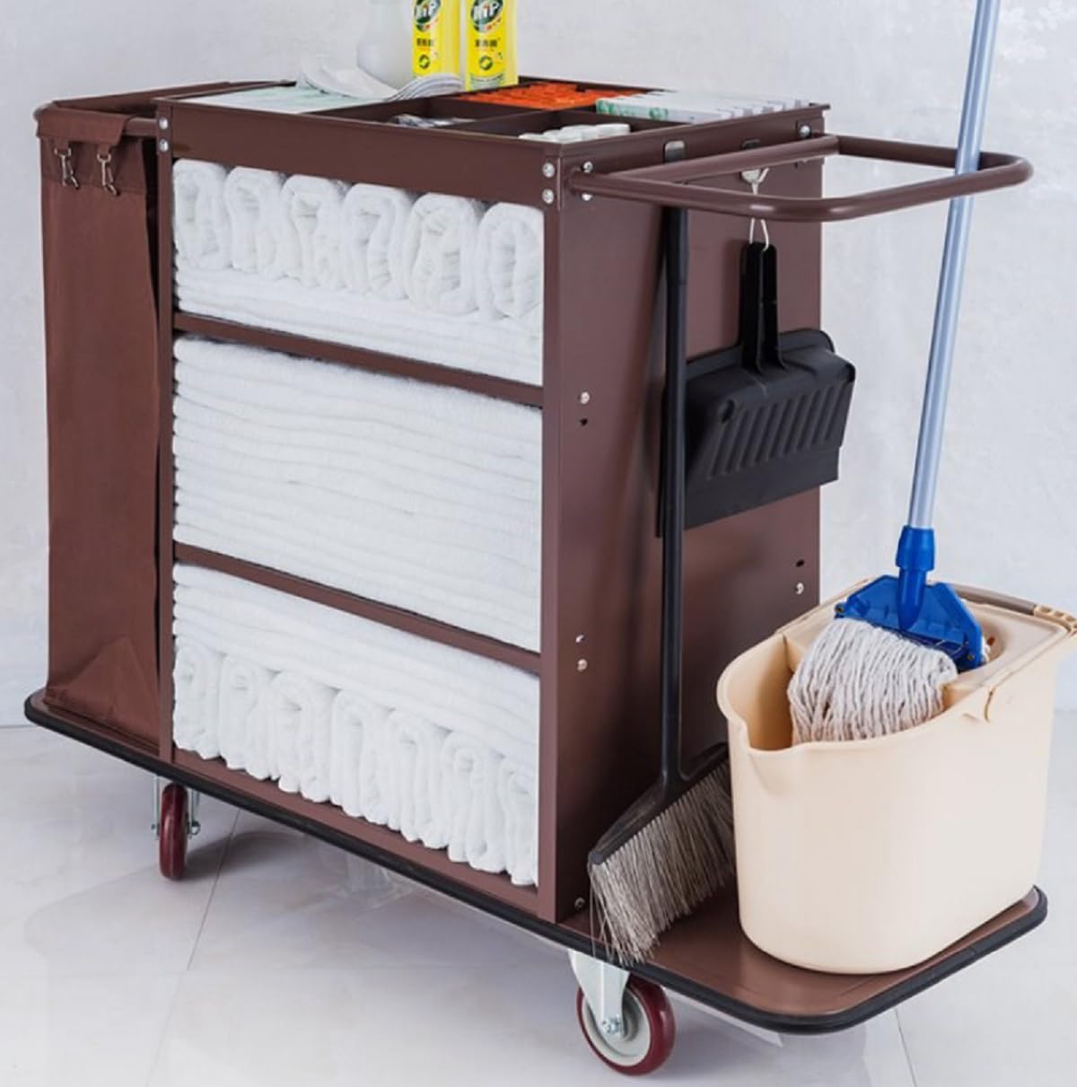 Multifunktionale Housekeeping Caddy, kompakte Service Trolley, Hotel Reinigungswagen mit abnehmbaren Leinwand Taschen & Schließräder,H Style
