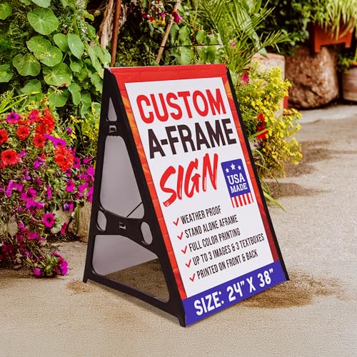 38"x24" Double Sided Custom A-Frame Sign with Holder Personalized Sandwich Board Signs for Outdoor, Sidewalk Sign with Full Color Print Inserts and Text for Business (1-Pack)