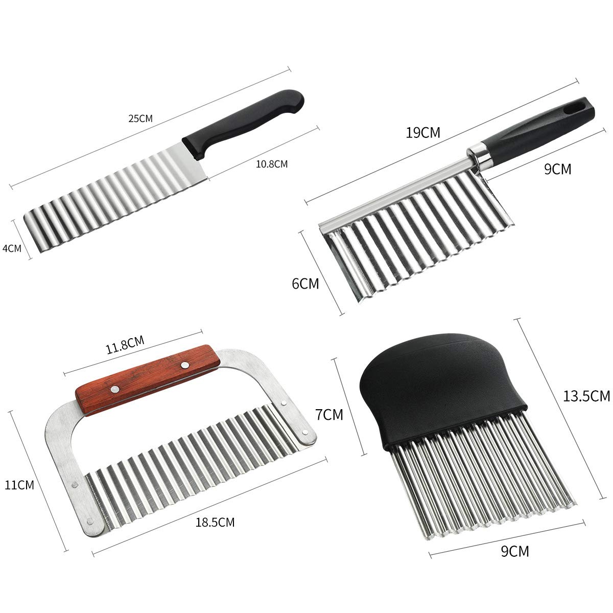 Lot de 4 coupes-frites ondulés en acier inoxydable - Pour pommes de terre, légumes et oignons