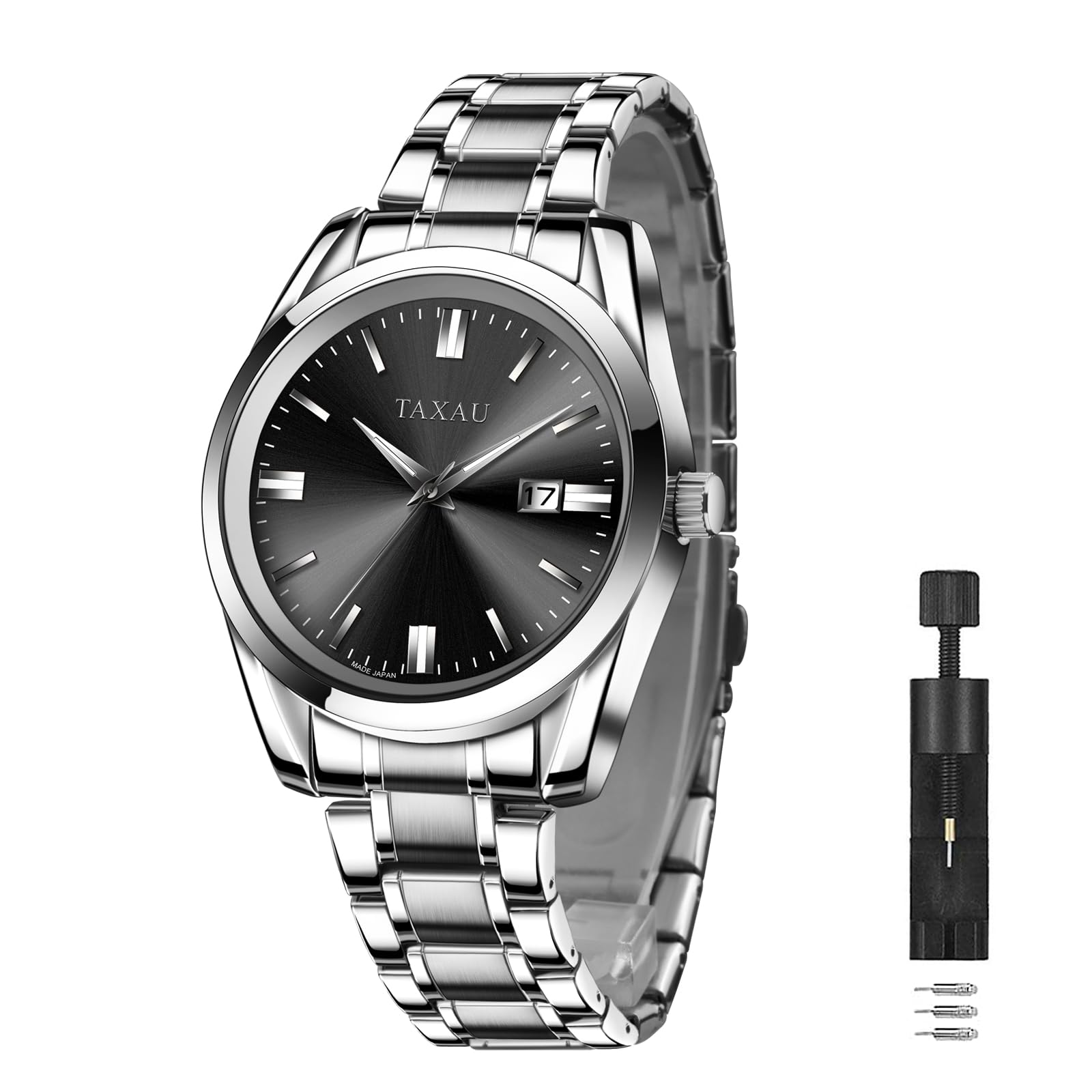 Taxau Silver Watch for Men Dress Black Face Waterproof Watches for Men Analog Quartz Mens Wrist Watch Stainless Steel Band Large Wrist Watches with Day Date Relojes para Hombres