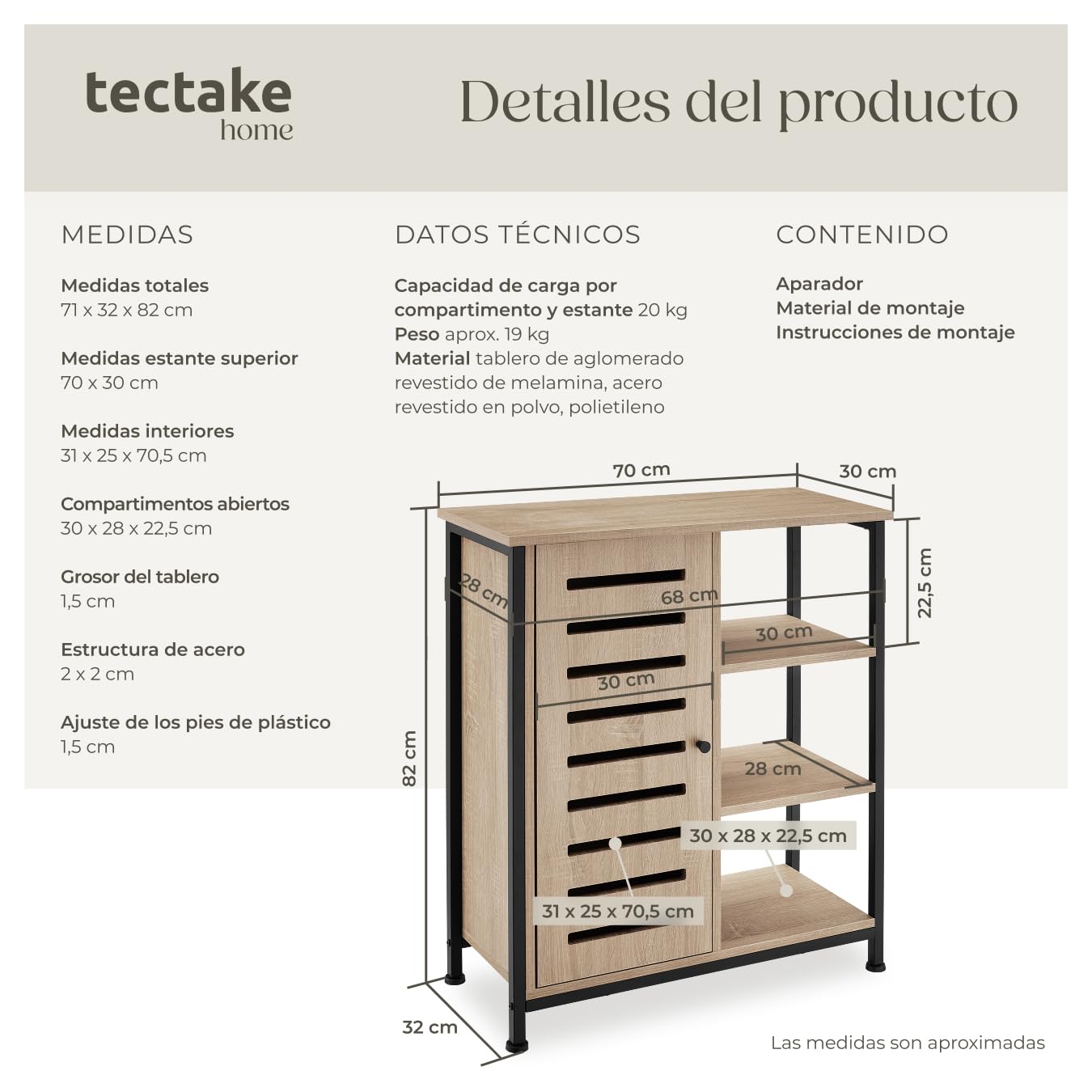 tectake® Aparador Estilo Industrial con Armario Dormitorio, Mueble Baño, Estanterias Almacenaje, Estanteria Baño - 71 x 32 x 82 cm Puerta a la Izquierda Madera Industrial Clara, Roble Sonoma