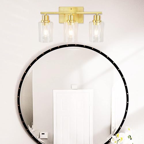 Miniatura 6 de Lámpara de baño dorada de 3 luces, luz de tocador de latón cepillado con pantalla de vidrio transparente, luces de pared de baño modernas para sala