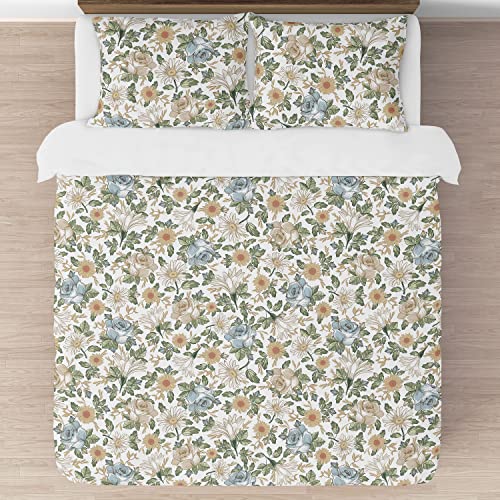 Image of Sweet Jojo Designs Vintage Floral Blue Yellow Girl Full Queen Bedding Set Kids Comforter Childrens Size - 3pcs - Slate Green Gold Orange Taupe Beige Shabby Chic Rose Flower Boho Bohemian Farmhouse