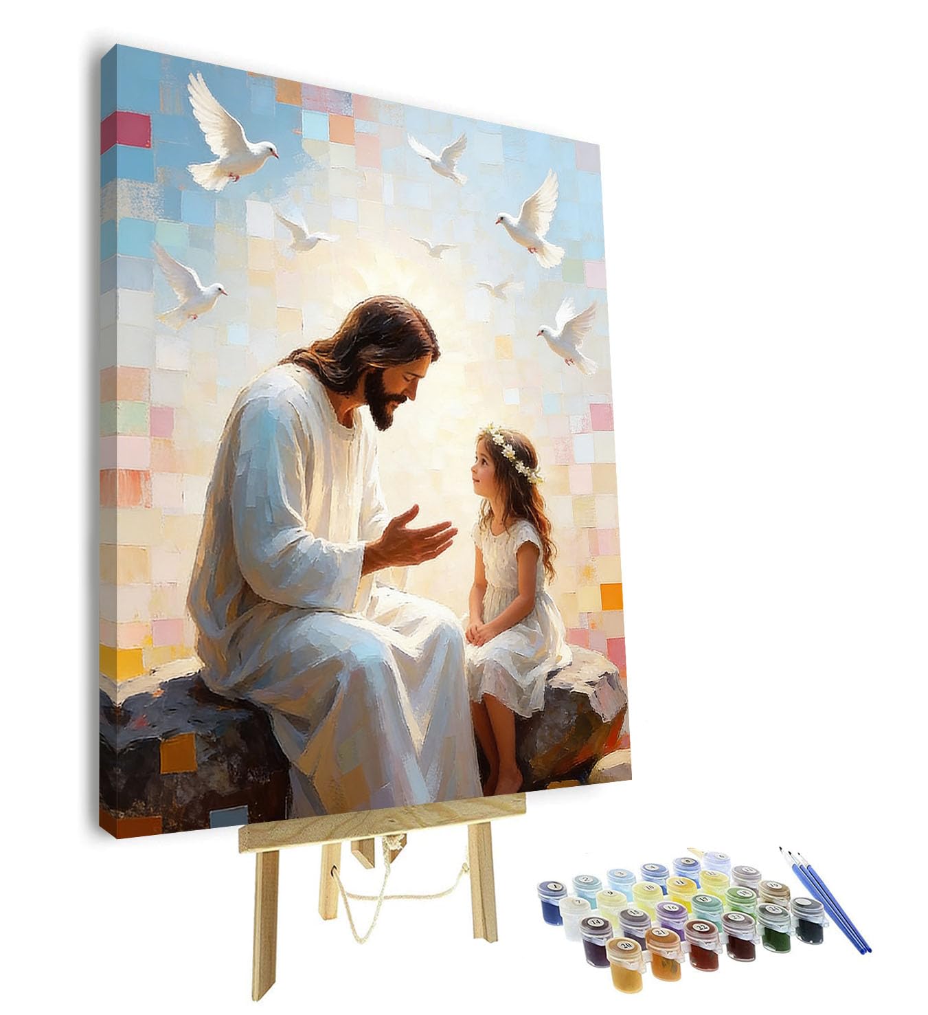 TISHIRON Paint by Numbers Kit for Adults, Adult Paint by Number - Heartwarming Jesus Telling a Story to Little Girl, Inspirational Religious Art, Framed Canvas(16x20 Inch)