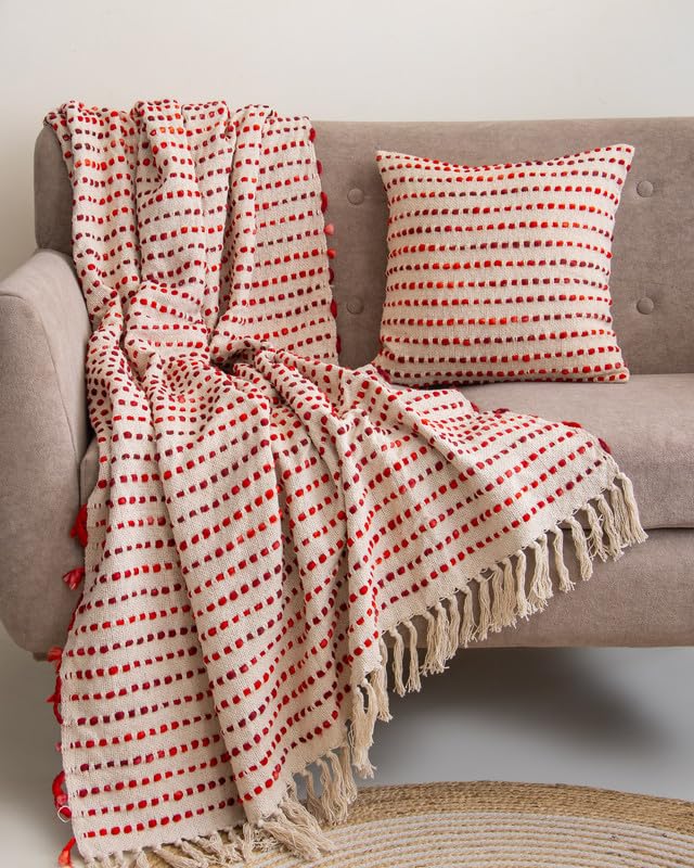 Image of Handwoven Ruby Stripe Sofa Throw (50x70 Inches) with 2 Pcs Cushion Cover(16x16 Inch) Soft Lightweight Thrower for Couch, Living Room & Bed (Pack of 3)