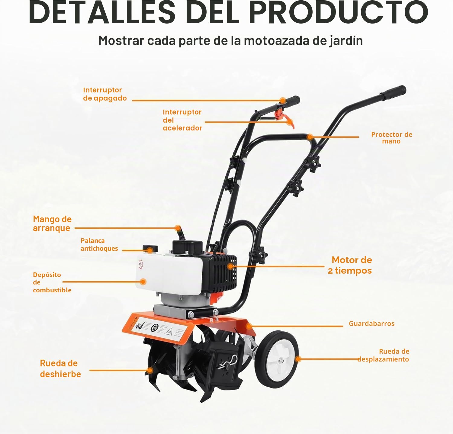 Motoazada de gasolina de 52 cc – Cultivador de jardín ligero de 2 tiempos con motor de 1,9 kW – Fresa de jardín fácil de arrancar