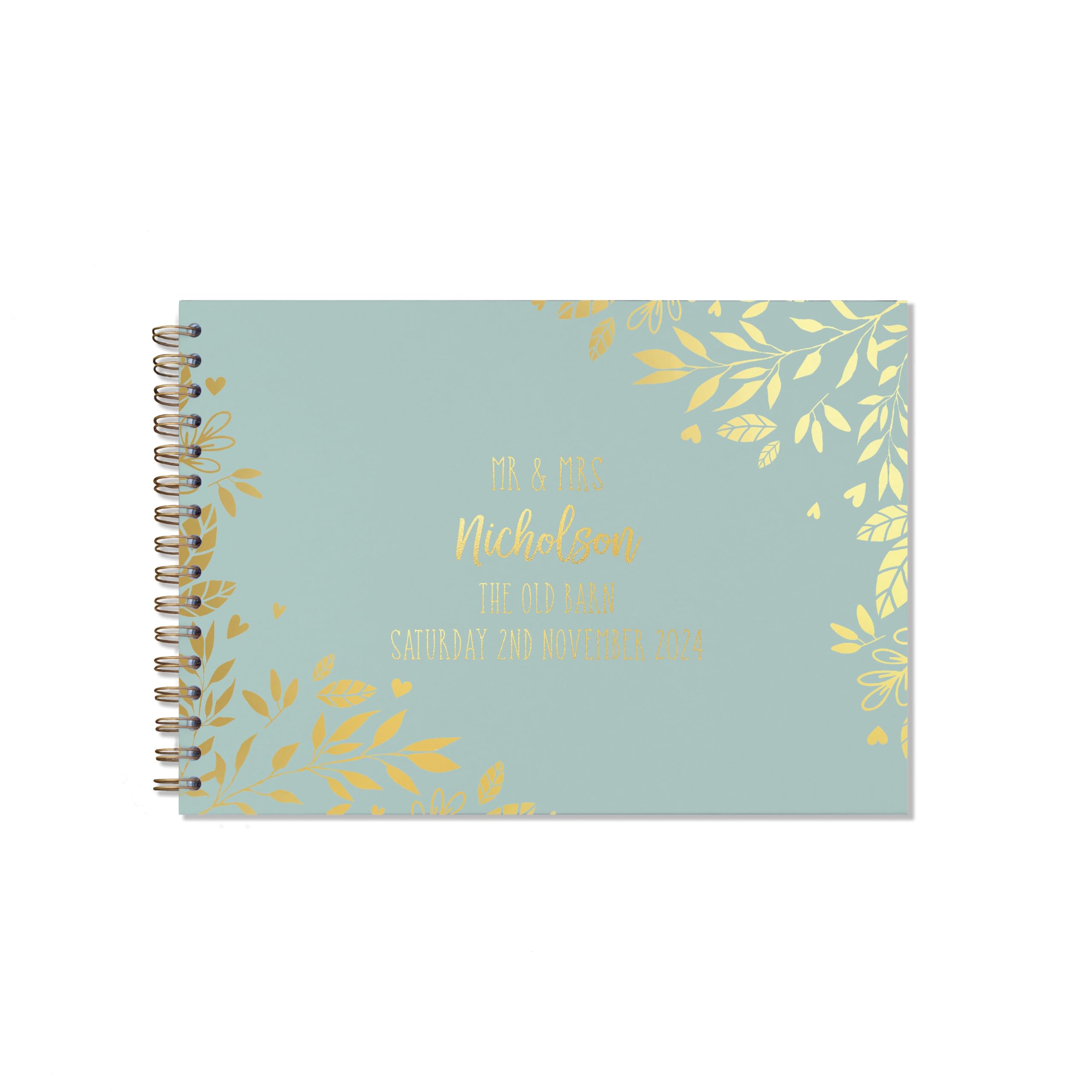 "Manta Makes Wedding Guest book personalised gold foil 26 colour choices A5 or A4, signing book wedding decorations for wedding reception, wedding books for guests to sign (A4, Dusty Blue)"