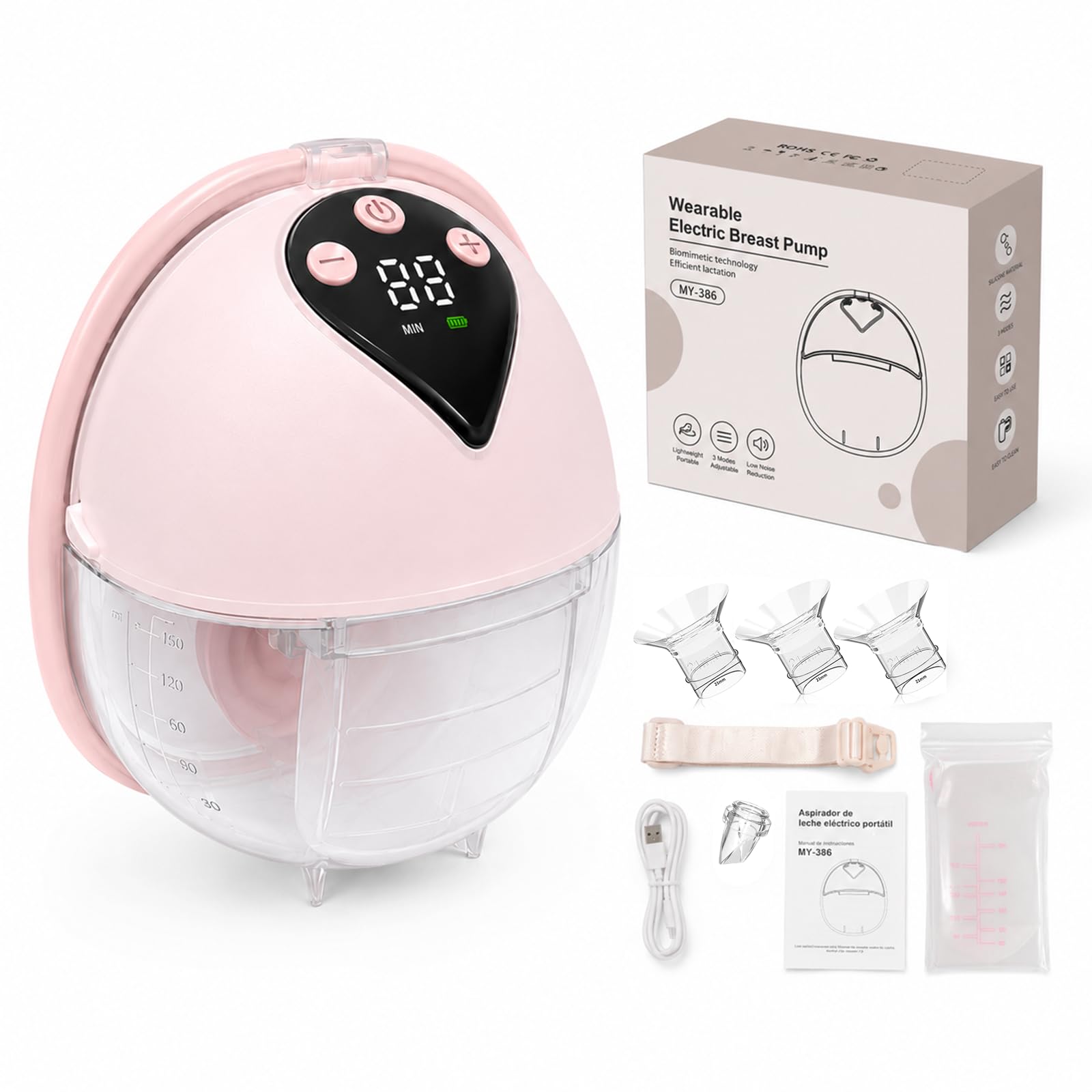 Tire-lait électrique mains libres portable rose (1 paquet) | 4 modes et 12 niveaux sans BPA, rechargeable, avec brides de 18/21/24 mm et accessoires, pour la maison et les déplacements