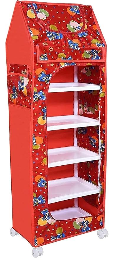 Image of HYSEYY Baby Wardrobe Plastic Kids Storage Rack with Fabric Cover & Wheels | 6-Tier Plastic Shelves Organizer | Toy, Book & Clothes Storage Cabinet for Kids Room (Red)